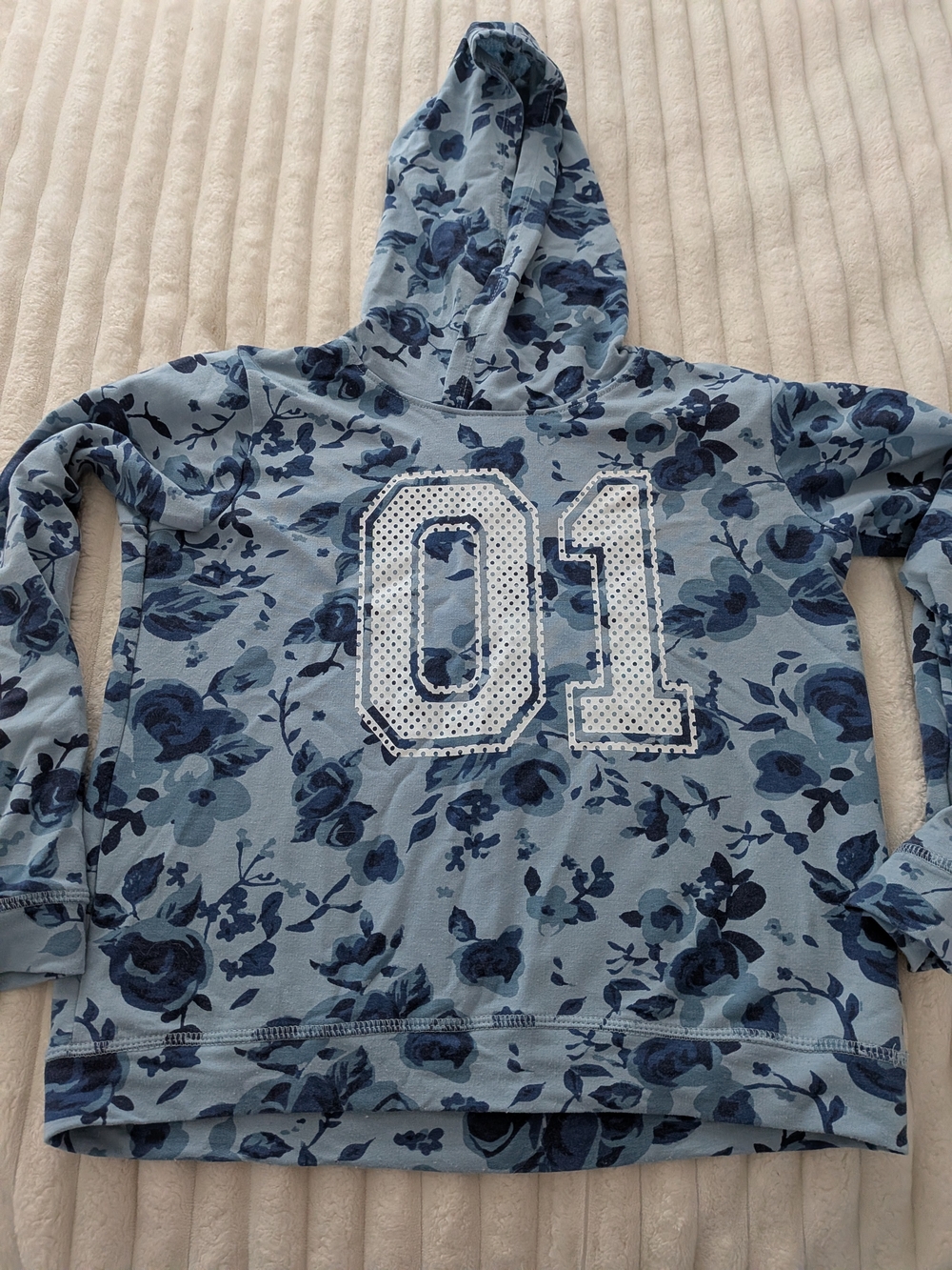 Girls' Blue Floral Hoodie Sweatshirt with '01' Detail